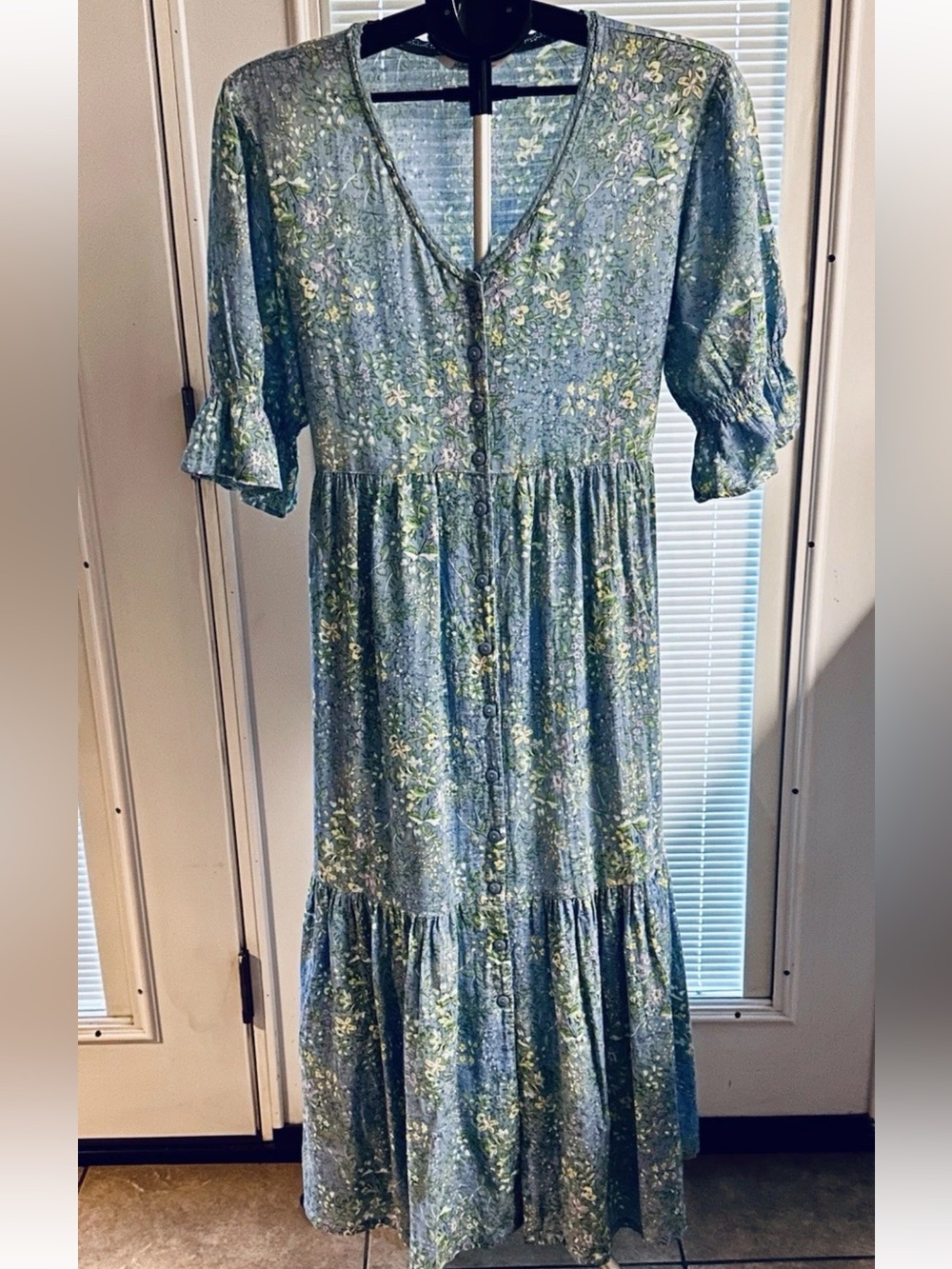 April Cornell Modern Prairie Floral Cotton Maxi Dress Blue M Button Front Tie